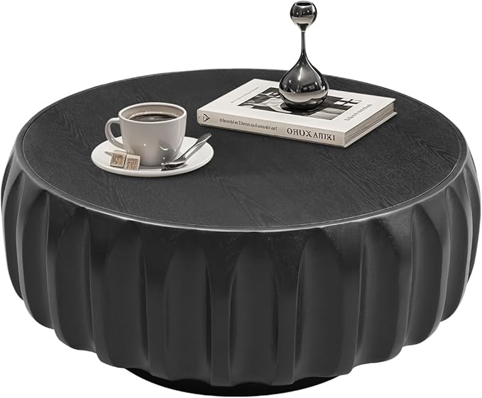 31.5" Drum Coffee Table Modern Unique Fluted Tea Table Contemporary Wood Round Coffee Table with Fluted Centry Table for Living Room Black