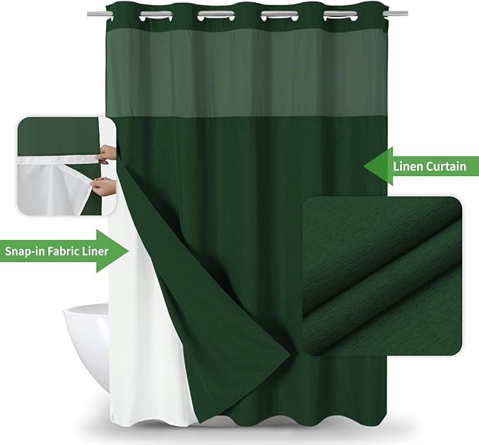 No Hooks Needed Linen Textured Shower Curtain with Snap-in Fabric Liner Set,Hotel Luxury Decor Shower Curtains for Bathroom with Mesh Top Window,Waterproof & Washable,71Wx74H,Emerald Green