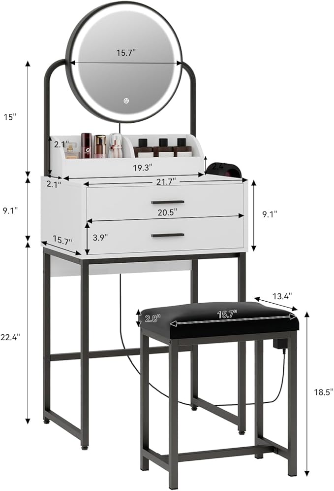 ARTETHYS Small Vanity Desk with Lighted Mirror and Lights Compact Makeup Set with Drawers for Bedroom Mini White Modern Dressing Table with Chair
