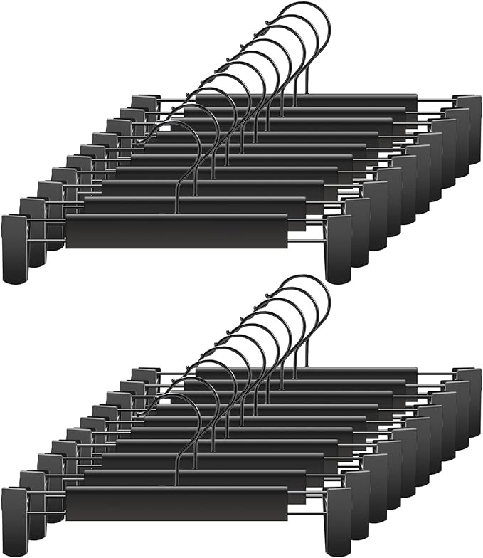 Clothes Pants Hangers, Space-Saving Skirt Holders with 360 ° Swivel Hooks, Adjustable Clips, Trouser Hangers, Clothes Coat Garment Jeans Hangers (20 Pack, Black)