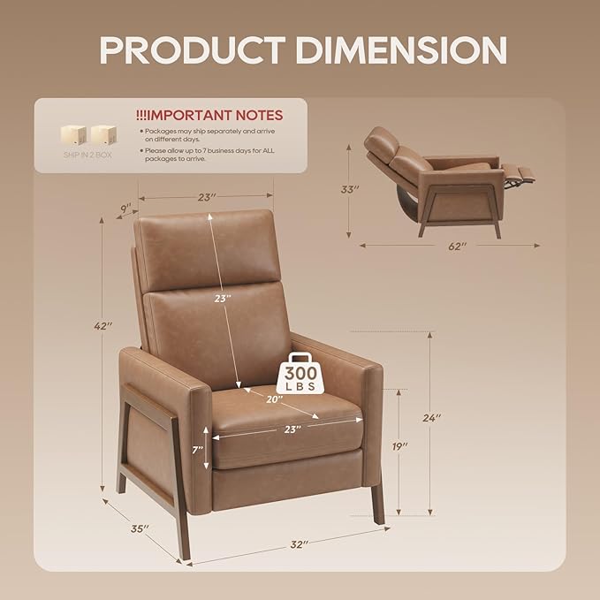COLAMY Push Back Recliner Chair, Upholstered Leather Recliner with Footrest 118-150 Degree Adjustable, Comfy Modern Wingback Recliner for Living Room, Bedroom,Small Spaces,Cocoa