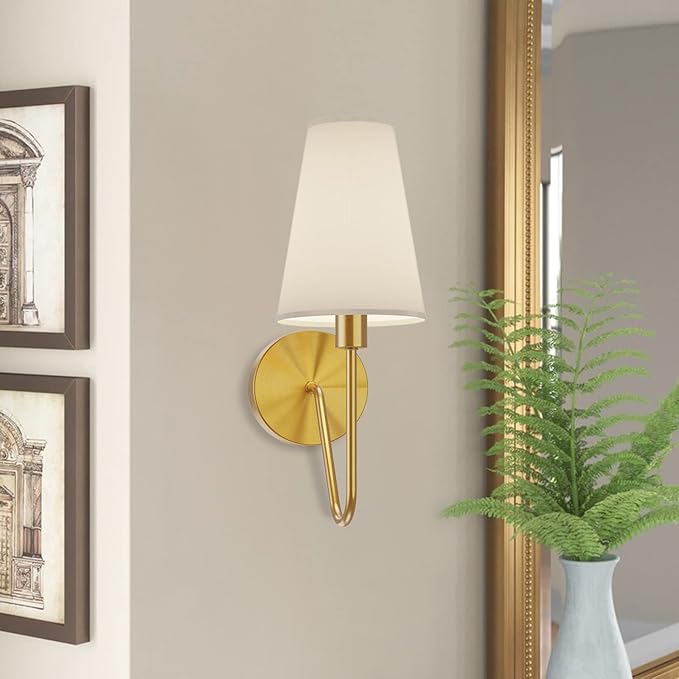 Electro bp;Single Head Classic 1 Light Wall Sconce Lighting Fixture Gold with Cream White Linen Fabric Lamp Shades E12 40W Hardwired (Set of 2);