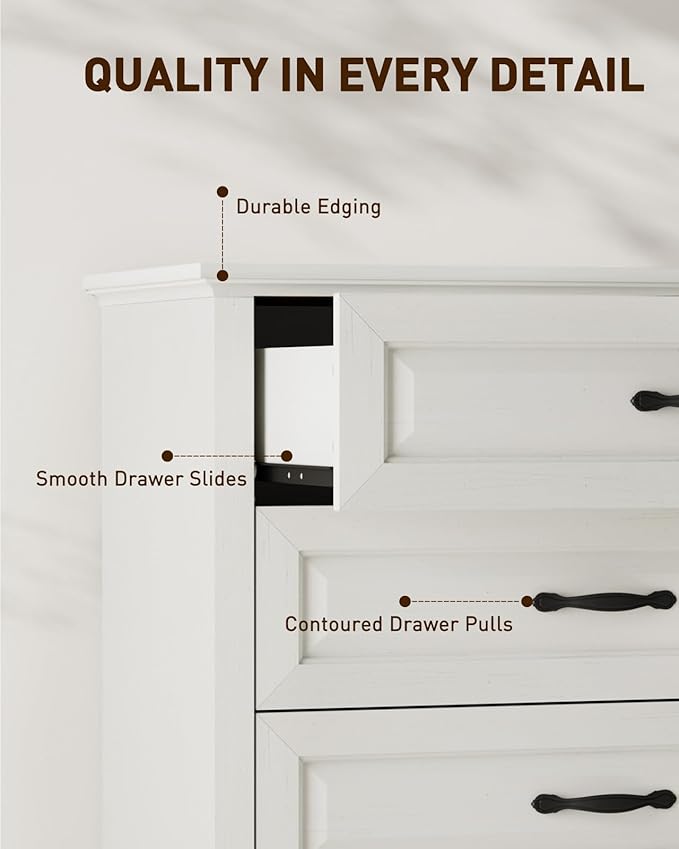 Amada Farmhouse 5 Drawer Dresser for Bedroom with Wood Drawers, Supports up to 22 lbs per Drawer, Anti-Tip Design for Safety, 5 Dresser Drawer Unit for Bedroom, Hallway, White