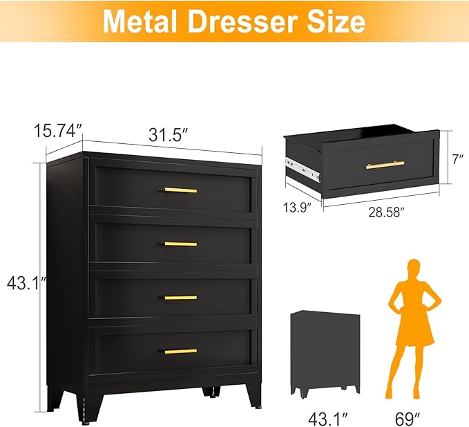 Metal Dresser Tall Black Dresser for Bedroom Chest,43.11" H Drawer Chest, Closet Dressers & Chests of Drawers for Living Room, Hallway (4 Drawers)
