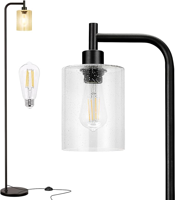 Floor Lamps for Living Room - Standing Lamp with Seeded Glass Shade, Modern Floor Lamp with LED Bulbs, Industrial Floor Lamp for Bedroom, Black Tall Lamp for Office(Light Bulb Included)