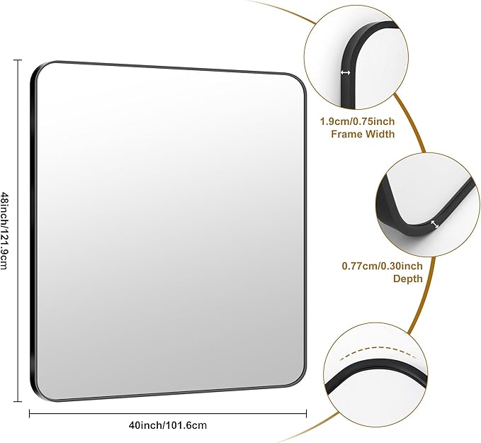 KOCUUY 40"x48" Large Rectangle Vanity Mirror, Black Metal Frame Mirror with Rounded Corner, Modern Design of Upgraded Shatterproof Glass for Bathroom, Bedroom, Living Room, Entryway