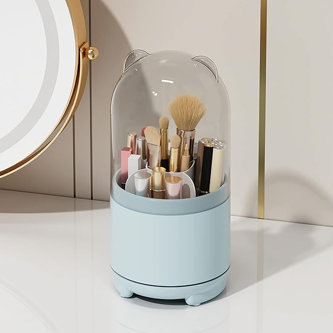 Cute Makeup Brush Holder Organizer with Lid, Rotating Dustproof Make Up Brushes Container with Clear Acrylic Cover for Vanity Desktop Bathroom Countertop