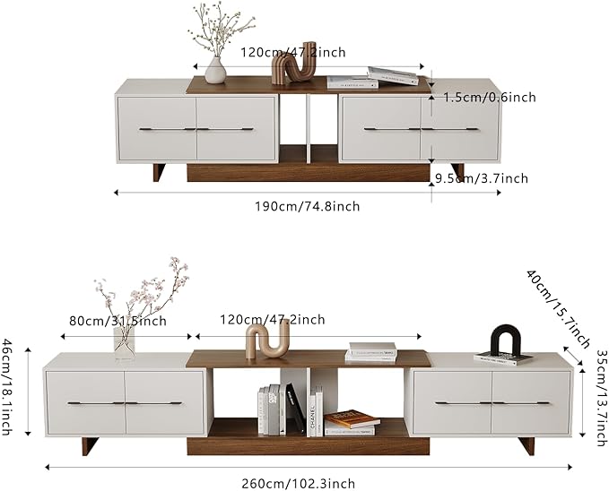 Extendable TV Stand, Modern TV Console with 4 Large Drawers and Adjustable Shelves, Entertainment Center Fits Up to 120" TV, Media Console for Living Room, Walnut & White (Extendable 74.8"-102.3")