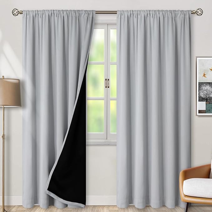 BGment Full Blackout Curtains with Thermal Insulation Liner Curtains 90 Inches Long, Rod Pocket and Back Tab Double Layer Room Darkening Window Curtain for Bedroom(52 x 90 Inch, 2 Panels, Light Grey)
