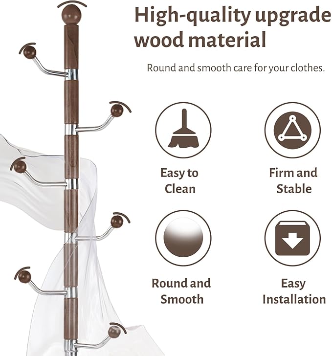 Coat Rack Freestanding, Metal Wooden Coat Tree with 6 Hooks, Heavy Duty Coat Hanger Stand with Resin and Stainless Steel Base, Free Standing Hall Tree for Scarf, Bag, Jacket (Walnut metal)