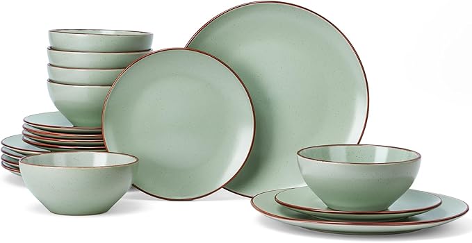 Famiware Venus Plates and Bowls Sets, 18 Pieces Stoneware Dinnerware Sets, Speckled Dishes Set for 6, Microwave and Dishwasher Safe, Matte Light Green