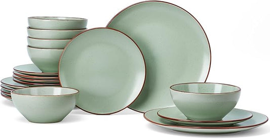 Famiware Venus Plates and Bowls Sets, 18 Pieces Stoneware Dinnerware Sets, Speckled Dishes Set for 6, Microwave and Dishwasher Safe, Matte Light Green