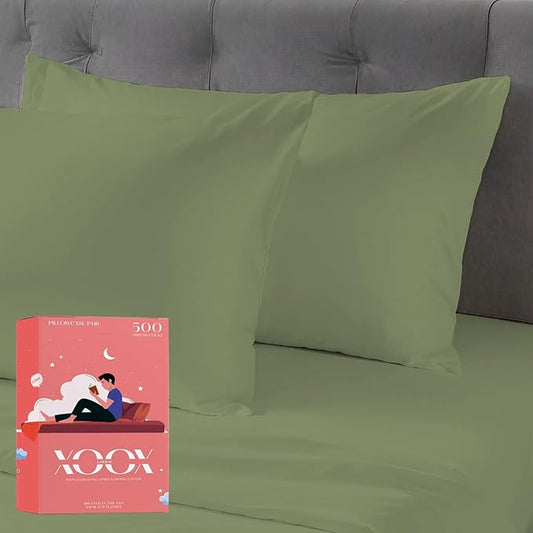 XOOX Linen 100% Cotton Pillowcases King Size Set of 2-500 Thread Count Cotton Pillowcases, Ultra Soft, Breathable, Cooling Pillow Cases for Sleeping, Pillow Covers for King Pillows - Sage Green