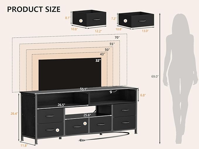Furologee 55" LED TV Stand for Bedroom with Power Outlets, Entertainment Center with 6 Fabric Drawers for 50/55/60 inch TVs, Dresser TV Stand Long Console Media Table for Living Room, PU Black