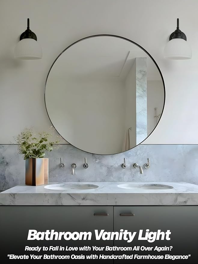 Vintage Wall Sconce Light, Black Bathroom Vanity Light with Striped Bowl Milk Glass Farmhouse Hardwire Wall Mounted Lamp for Bathroom Mirror Living Room Bedroom Kitchen E26 Indoor