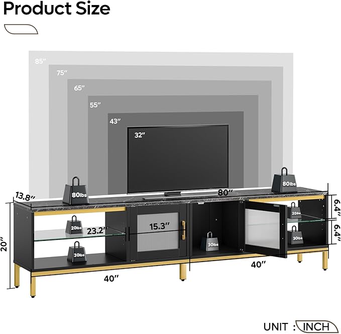 Bestier 80 Inch TV Stand for 75/85/86/90 inch TVs, 4 in 1 LED Entertainment Center with 2 Storage Cabinets, Modern TV Console with Adjustable Shelves for Living Room Bedroom, Black Marble