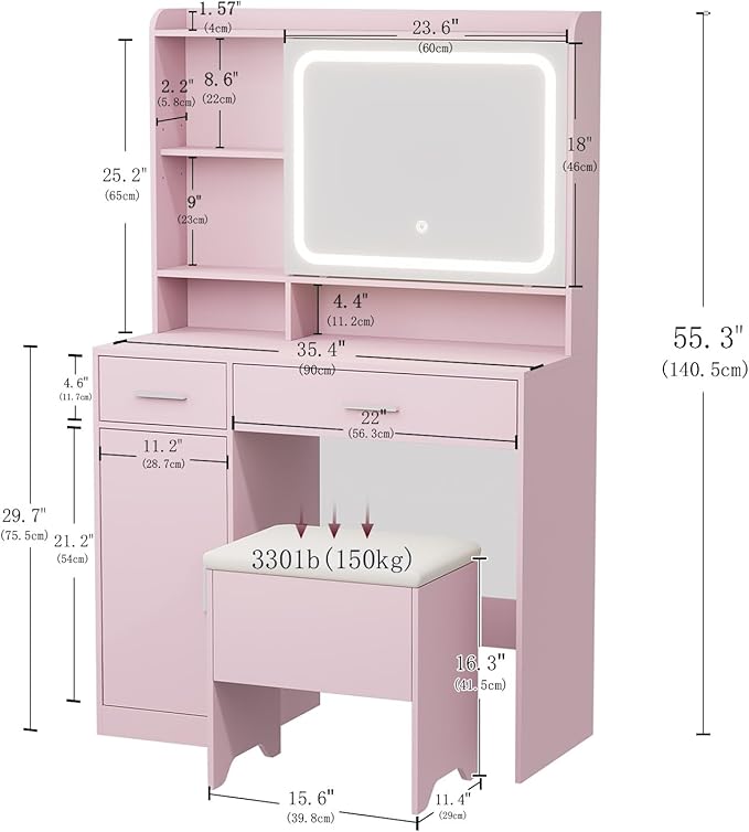 Vanity Desk with Sliding Mirror & Power Outlets - Dimmable LED Lighting, 4 Open Shelves, 2 Drawers, 1Storage Cabinet & Padded Stool - Ideal Bedroom Makeup Dressing Table （Pink）