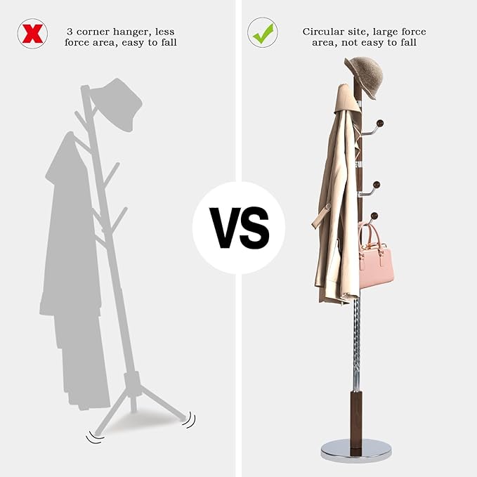 Coat Rack Freestanding, Wooden Tree Coat Rack Stand with 3 Adjustable Sizes Coat Tree and 14 Hooks, Sturdy Hall Tree with Solid Round Base for Entryway, Hallway,Bedroom (Walnut Metal)