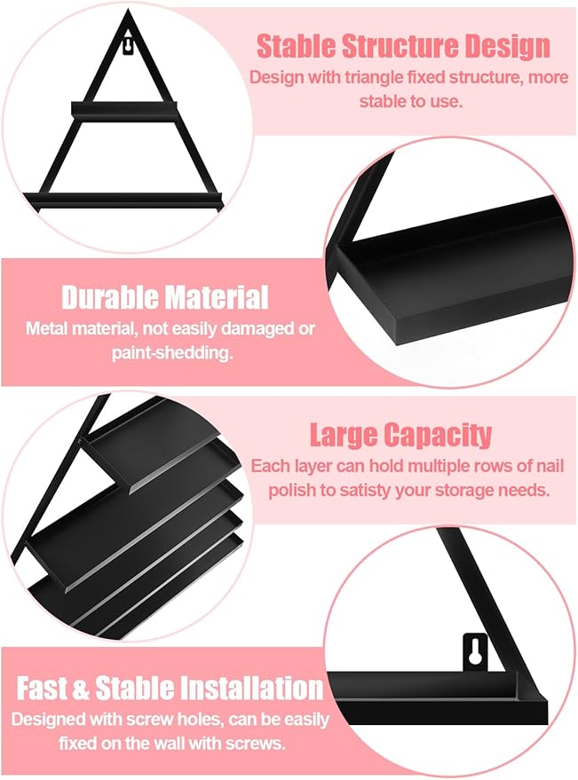 EBANKU 10PCS Nail Polish Racks 5 Tiers Nail Polish Shelf for Wall Triangular Display Rack Cosmetic Display Cases Lipstick Perfume Wall Shelf Essential Oil Organizers for Home Spa Nail Salon(Black)