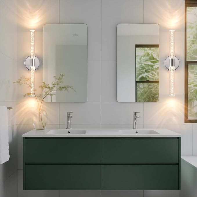 Silver Wall Light LED Battery Operated Wall Sconces(2 Pack), 20-Inch Dimmable Crystal Wall Sconce, Rechargeable Chrome Bubble Wall Lights, Wireless Wall Lamp for Bedroom, Living Room