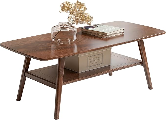 100% Solid Oak Wood Coffee Table with Storage Shelf, 2-Tier Rectangle Coffee Table for Living Room, Modern Center Table for Living Room (Walnut Colour, 47.24" W x22.05 D x 17.32" H)