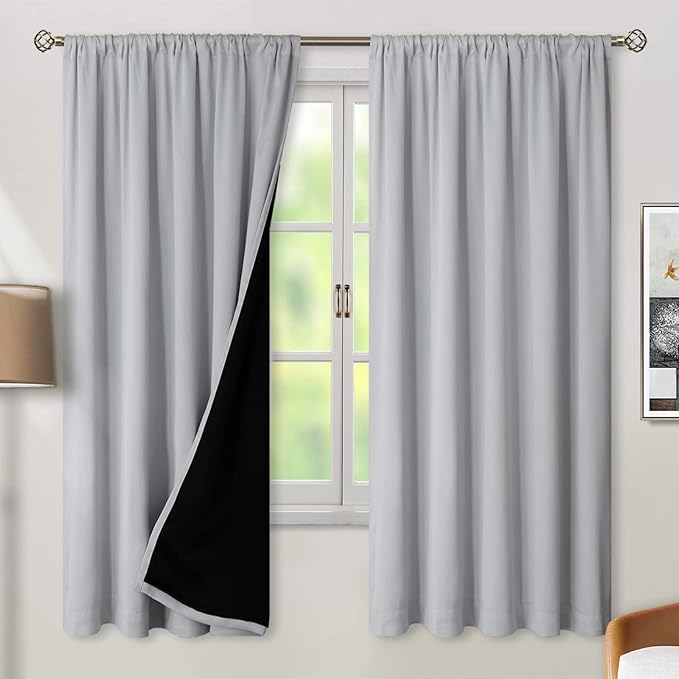BGment Light Grey 100% Blackout Curtains 72 Inches Long with Black Liner, Rod Pocket and Back Tab Double Layer Full Room Darkening Thermal Window Curtains for Bedroom, 2 Panels, Each 52 x 72 Inch
