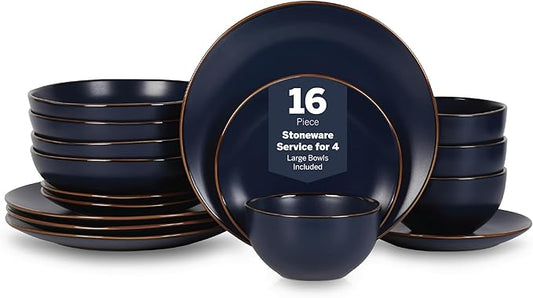Stone Lain Brasa Modern Stoneware 16 Piece Dinnerware Sets, Plates and bowls Sets, Dish Set for 4, Blue
