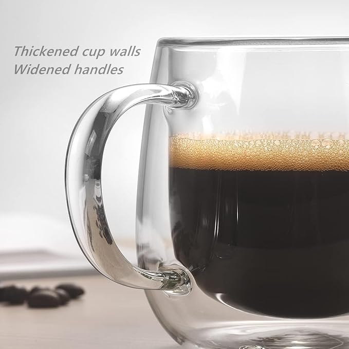 10oz Double Walled Glass Coffee Mugs Set of 2, Clear Insulated Mug for Cappuccino, Latte, Borosilicate Glass Cup, Heat & Cold Resistant Glasses