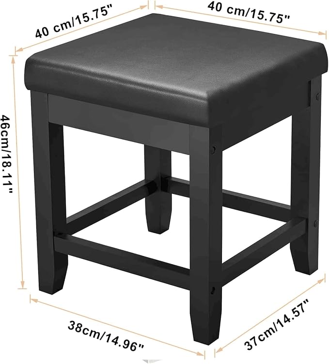 BEWISHOME Vanity Stool, Bedroom Vanity Chair with Upholstered Seat, Desk & Piano Stool Soft Cushioned Seat, Square 18” Height Makeup Bench, Vanity Bench Capacity 300lb Black FSD06H