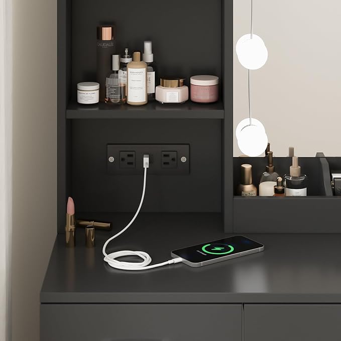 Fameill Makeup Vanity Desk with Lighted Mirror & Power Strip,Black Vanity Table Set with Lights and Lots Storage,2 Drawer Makeup Table,3 Lighting Colors,35.4in(L)