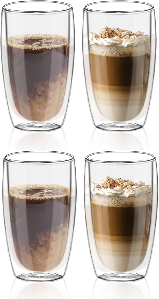 Glass Coffee Cups Set of 4, 16 oz Double Walled Glass Coffee Mugs, Insulated Coffee Mug for Espresso, Cappuccino, Latte, Tea