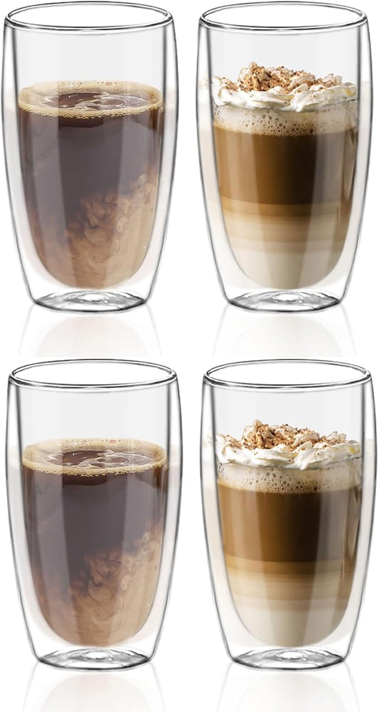 Glass Coffee Cups Set of 4, 16 oz Double Walled Glass Coffee Mugs, Insulated Coffee Mug for Espresso, Cappuccino, Latte, Tea