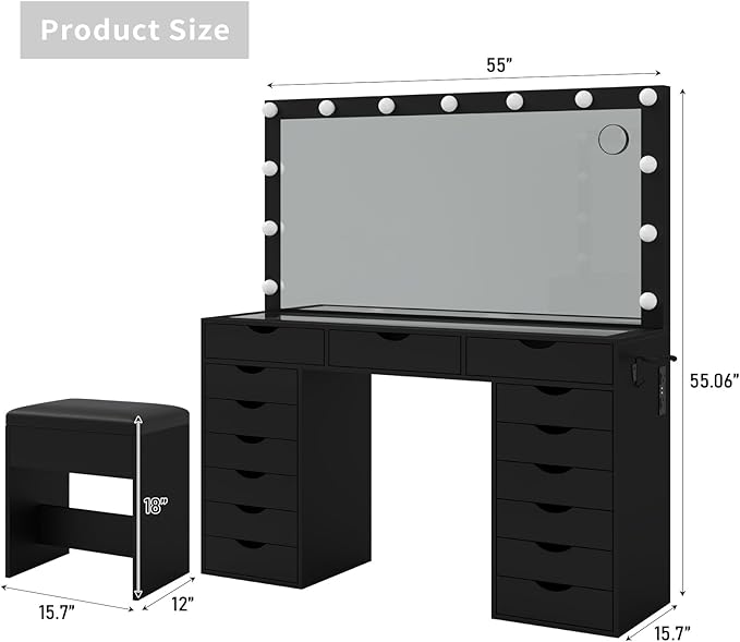 15 Drawers Vanity Desk with Power Outlet, Makeup Table with Mirror and 13 LED Lights, 3 Color Lighting Modes, Brightness Adjustable, Glass Top Dressing Table, Vanity Set for Bedroom, Black