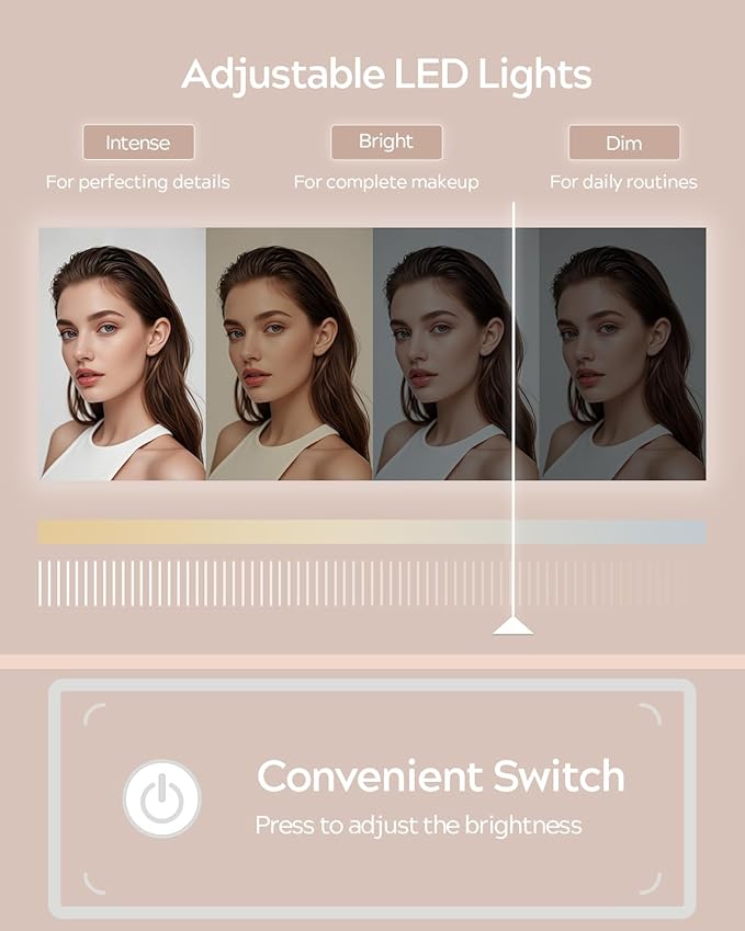 Fluted Vanity Desk with Large Mirror and Lights, Modern Wood Makeup Vanity Desk with Glass Top, Charging Station, 5 Drawers Adjustable Open Shelves, Dressing Table Set for Bedroom, Natural Oak