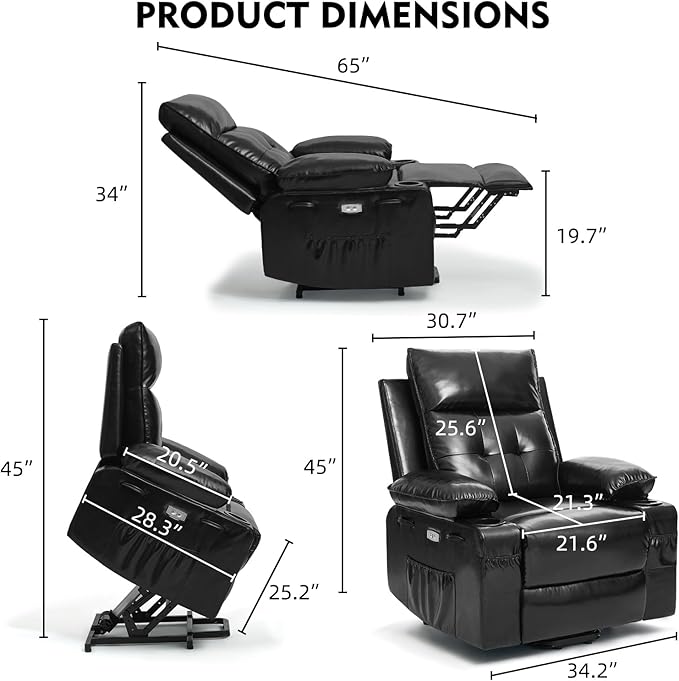 Polar Aurora Power Lift Chair for Elderly,Electric Recliner Chair with Vibrating Massage & Heating,Living Room Chair with Thickened armrest,USB Ports,2 Cup Holders,Black