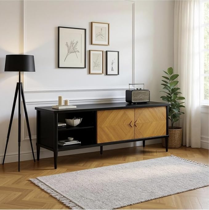 Lenia Solid Wood TV Stand – Mid-Century Modern Media Console with Chevron Doors, Adjustable Shelves & Cable Management – Wooden Entertainment Center – Teak Brown Finish