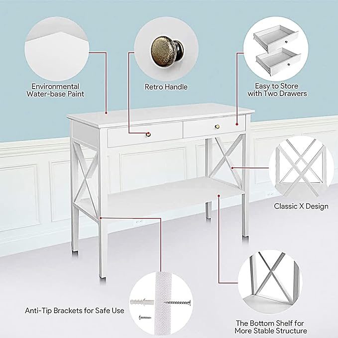ChooChoo Console Table with Drawers, Narrow Wood Accent Sofa Table Entryway Table with Storage Shelf for Entryway, Front Hall, Hallway, Living Room, White