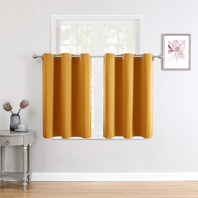 ChrisDowa Small Window Curtains for Kitchen and Bedroom - Grommet Short Thermal Insulated Room Darkening Curtains (2 Panels, Mustard Yellow, 34 x 36 Inch)