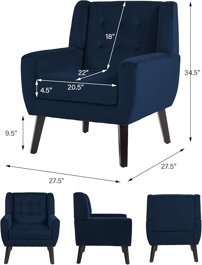 Accent Chair, Modern Velvet Arm Chair for Living Room, Bedroom, Comfy High-Resilient Sponge Reading Chair for Small Spaces （Velvet Royal Blue, Set of 2
