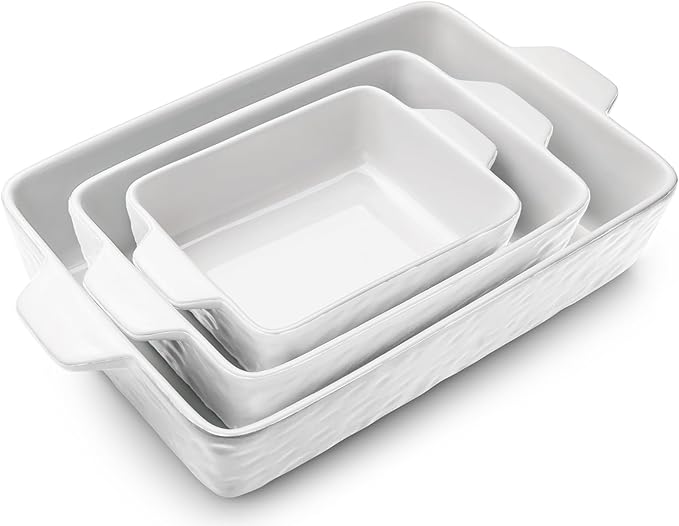 Casserole Dishes for Oven, Ceramic Baking Dishes, Lasagna Pan with Handles, Porcelain Baking Pan Deep, Bakeware for Baking, Cooking, Wedding Gift, Set of 3 (11.6" x 7.8", White)