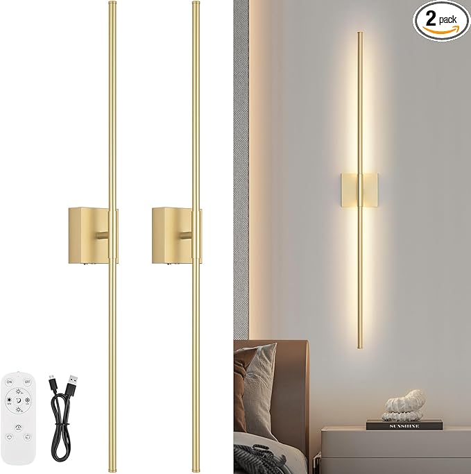 Battery Operated Wall Sconce Set of Two with Remote Control, 3000K-6000K Dimmable Gold Wall Lights, Timable LED Wireless Wall Sconces, 350° Ratate for Bathroom, Living Room, Hallway 39.4 Inch