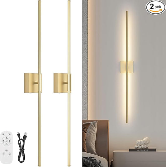 Battery Operated Wall Sconce Set of Two with Remote Control, 3000K-6000K Dimmable Gold Wall Lights, Timable LED Wireless Wall Sconces, 350° Ratate for Bathroom, Living Room, Hallway 39.4 Inch