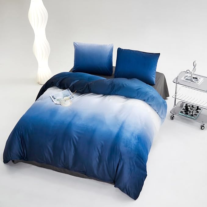 Luxlovery Blue Gradient Velvet Comforter Queen Fluffy Plush Flannel Bedding Set Queen Size Men Women Army Blue White Sherpa Micromink Blanket Quilts Warm Winter Warm Abstract Comforter Set