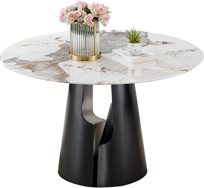 Round Faux Marble Dining Table Set for 4, Modern Luxury Kitchen Table for 4-6, Circle Dining Tables with Pandora Marble Grain Top and Black Carbon Steel Pedestal Base (1 Table Only)