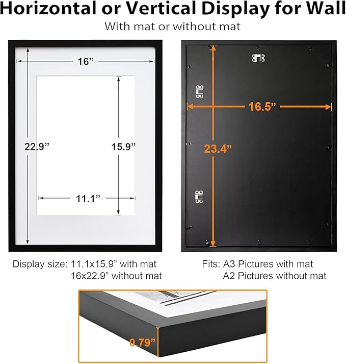 Egofine A2 Solid Wood Picture Frame, Made of Solid Wood Covered by Plexiglass A3 with Mat 16.5 x 23.4 without Mat, Poster Frame for Wall Mounting Hanging Photo Frame Vertically or Horizontally, Black