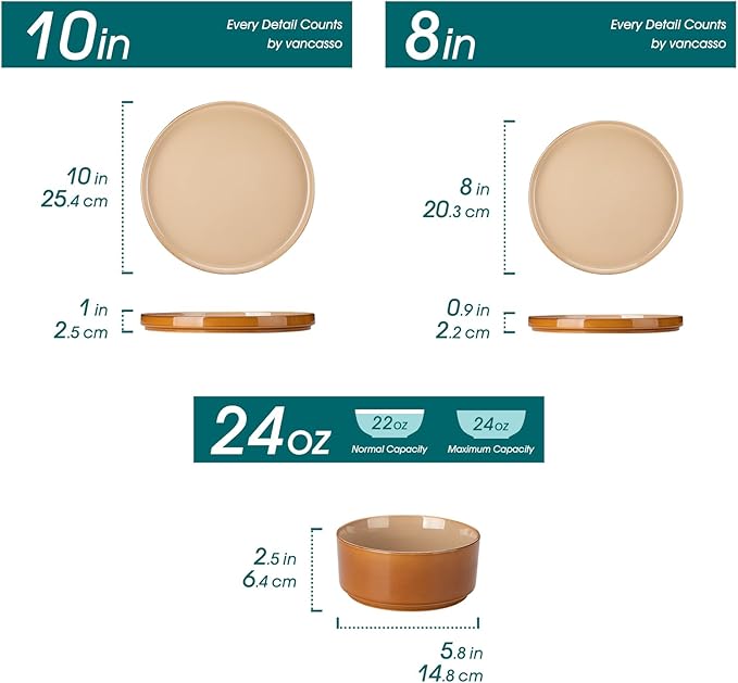 vancasso ONION Ceramic Plates and Bowls Sets, 12 Pieces Brown Dinnerware Sets for Kitchen, Reactive Glaze Dishes Set for 4, Dishwasher and Microwave Safe