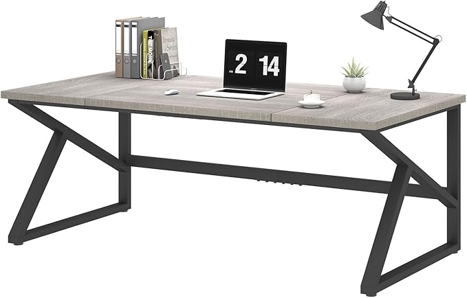 IBF 70 Inch Large Home Office Desk, Industrial Long Executive Work Writing Study Computer Table, Farmhouse Big Metal Wood Double Desk for Bedroom Living Room, Rustic Dual Monitor Desk, Light Grey