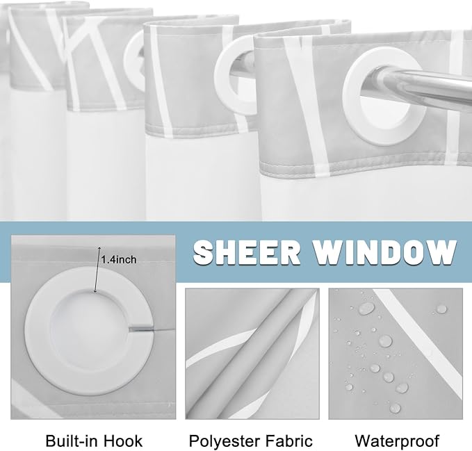 No Hook Ombre Grey Striped Shower Curtain with Snap in Liner Set - Hotel Shower Curtain and Liner Set with See Through Mesh Top Window,Machine Washable, 71x74 INCH