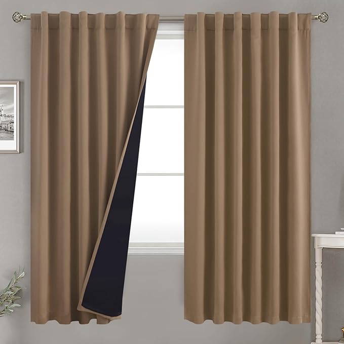 BGment 100% Room Darkening Thermal Insulated Blackout Curtains 72 Inches Long with Liner, Rod Pocket and Back Tab Double Layer Noise Reduce Curtains for Bedroom (52 x 72 Inch, 2 Panels, Taupe)