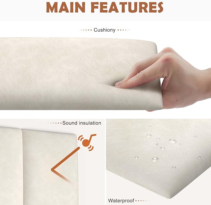 IFNOW Wall Mounted Upholstered Headboard, 3D Peel and Stick Soundproof Wall Panels, Reusable Padded Leather Headboard, 6 Panels 9.84" x 23.62", Ivory White